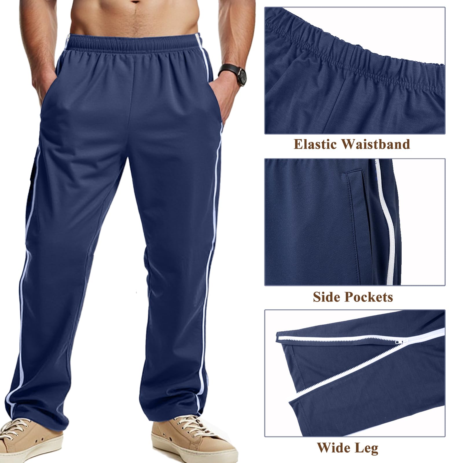 Pantalon de Rééducation pour Homme Pantalon de Survêtement à Fermeture éclair Latérale Intégrale Ouverture Totale Pantalons de Jogging à Zips Chirurgie avec Poches