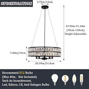 Modern Black Crystal Chandelier, 5-Light Round Crystal Chandeliers for Dining Room, 20 Contemporary Chandelier for Entryway, Living Room, Bedroom, Kitchen, Foyer Hanging Ceiling Lighting Fixtures