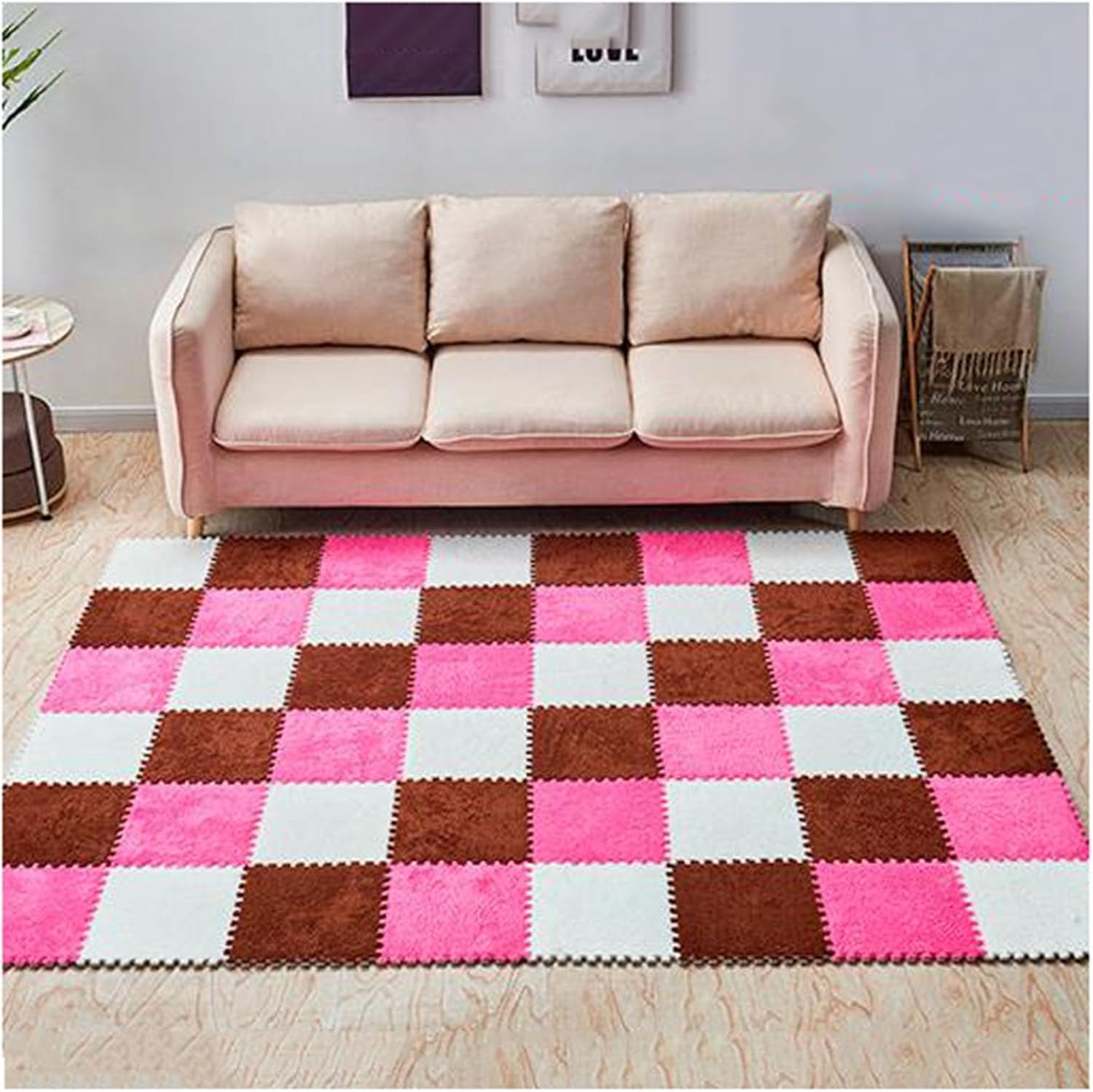 Plüsch-Puzzlematte, 24 ineinandergreifende Plüsch-Fußmatten aus Eva-Schaum, Mehrfarbig(Rose Red+Brown+White)