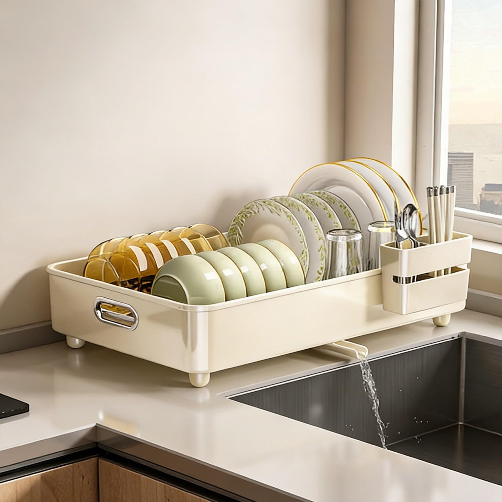 Égouttoir à vaisselle double couche avec support de planche à découper pour rangement d'ustensiles de cuisine