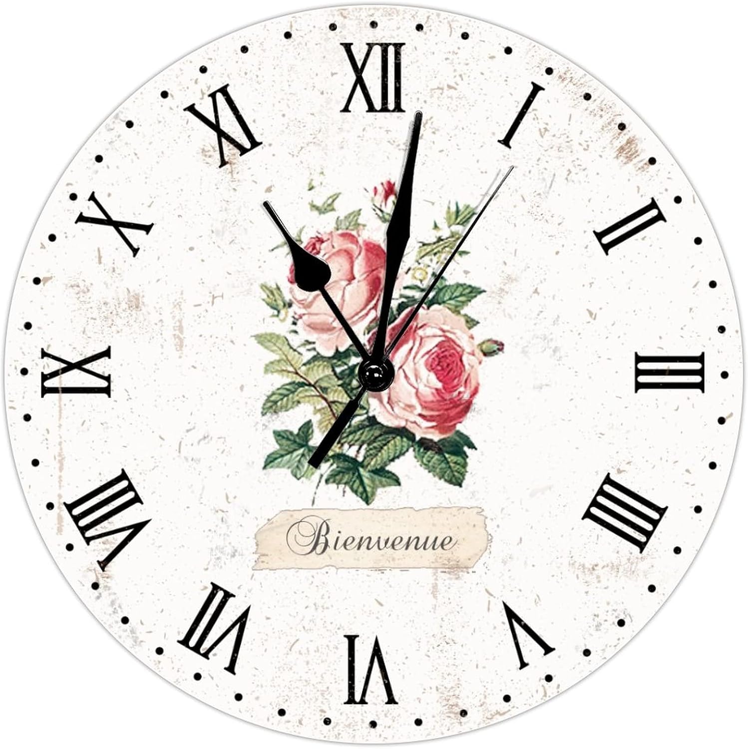 French Country Rose Flower Clock Floral in Spring 12 Inch Round Wall Clocks Battery Operated Non-Ticking Roman Numerals Rustic Wall Decor Home Decor for Kitchen Living Room Bedroom Office