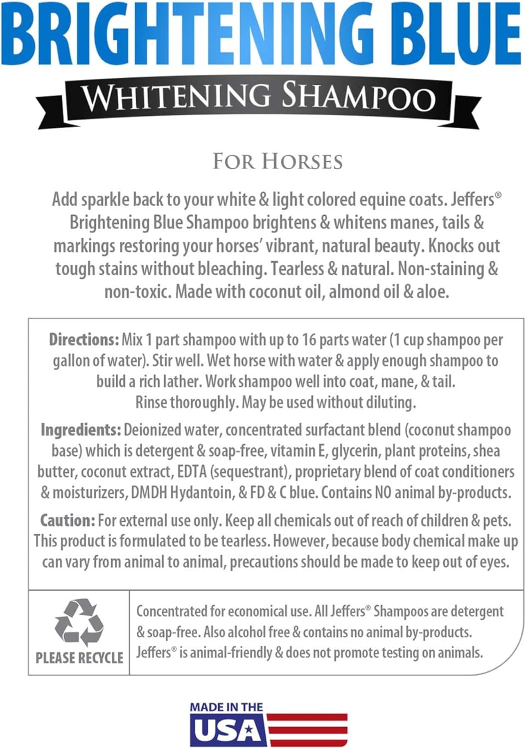 Jeffers Equine Brightening Blue Whitening Horse Shampoo, 128oz – Soap Free, Detergent Free Grooming Shampoo for Coat, Mane & Tail, Removes Tough Stains, Enhances Shine, Safe for White & Light Coats