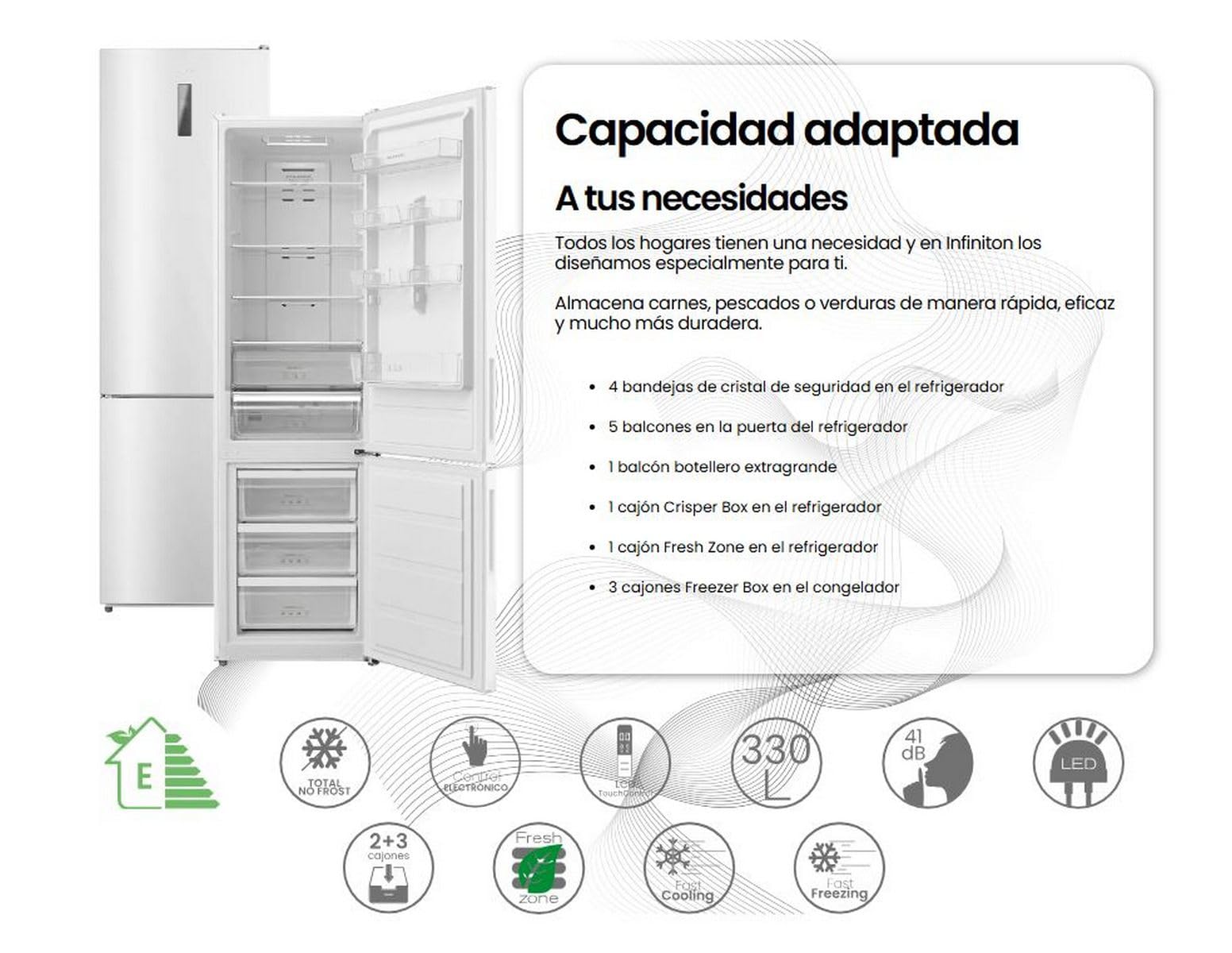 Frigorifico Combi Infiniton FGC-345C20WEC, 330 Litros, 201 cm, E, No Frost Total, LED Interior, Blanco