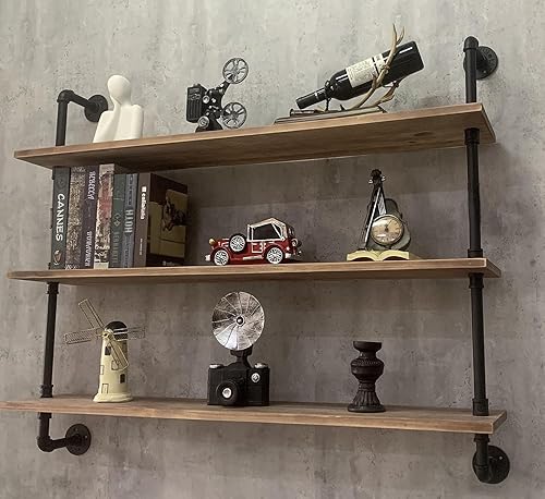 Miniatura 3 de Estantes de tubería industriales, estantes de tubería industrial de madera real, estantes flotantes industriales con tablones de madera, estantes de
