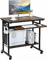 Vista 1 de Escritorio para computadora, mesa de estudio, escritorio de PC marrón rústico, carrito extraíble para laptop, estación de trabajo con bandeja