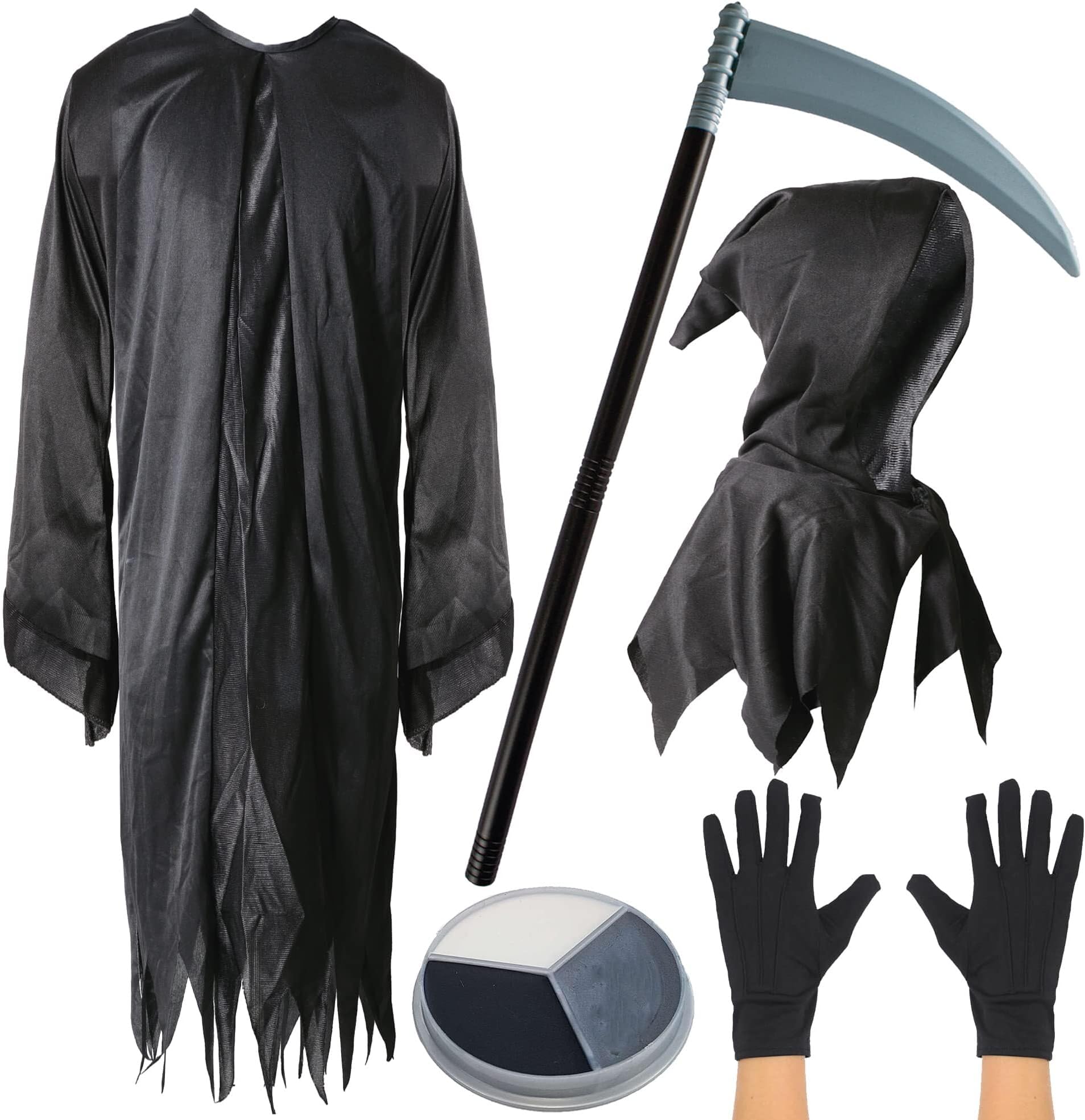 Childs Grim Reaper Costume - Black Cloak with Hood, Plastic Scythe, Black Gloves and Facepaint - Kids Halloween Fancy Dress Costume