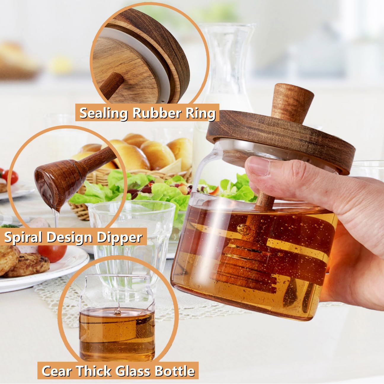 ANSQU Honey Pot, Airtight Glass Honey Jar with Dipper Stick and Wooden Lid image 4