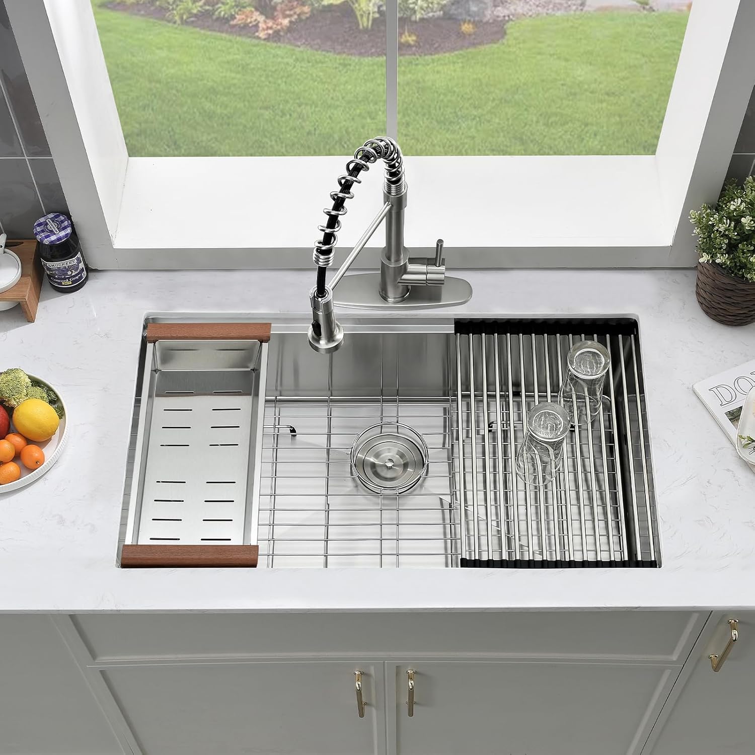 33 Inch Undermount Kitchen Sink, 33×19 Stainless Steel Workstation Sinks Handmade Large Kitchen Sink 16 Gauge Deep Single Bowl Kitchen Sinks with Cutting Board