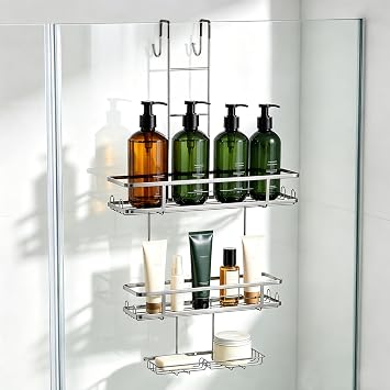 OMAIRA Over The Door Shower Caddy, 3-Tier Hanging Shower Organizer with 8 Hooks & Soap Holder, Height-Adjustable Rustproof Bathroom Shelf for Shower Door, No Drilling Storage Rack, Sliver