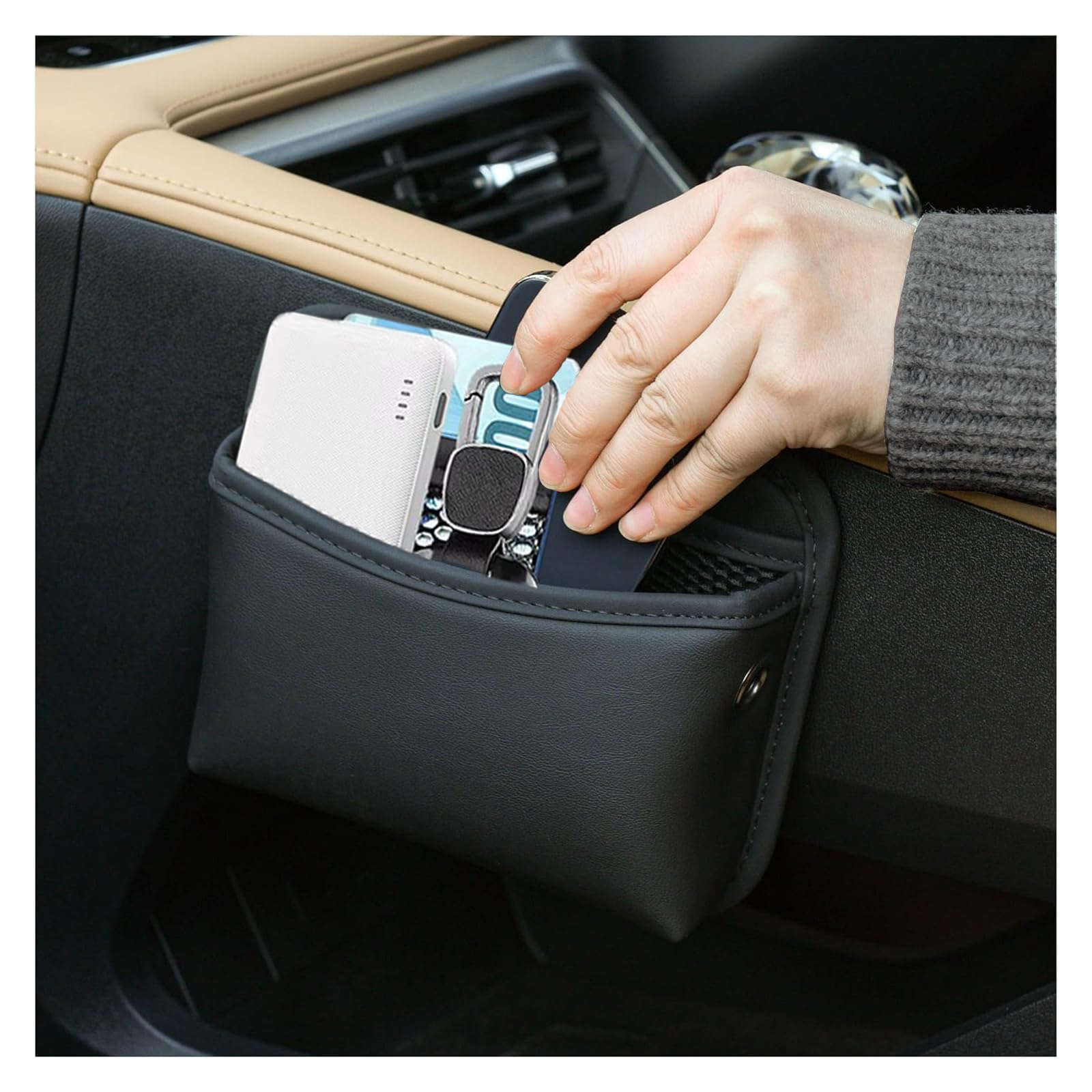 Z-Onemart Black Car Organiser Front Seat Car Leather Cup Holder Gap Bag, Car Seat Gap Filler Pu Leather Car Organiser For Coins Glasses Storage, Mobile Phones, Cards, Keys, Sunglasses (Black)