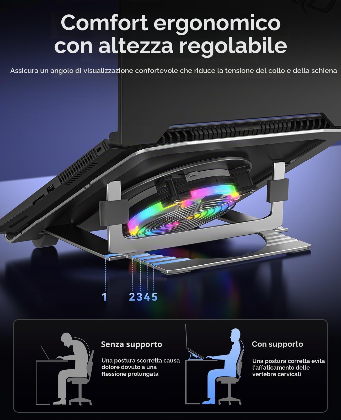 ORICO Supporto pc portatile in Alluminio con Ventola USB, Ergonomico, Regolabile e Pieghevole, RGB, per Notebook fino a 17" – NSF1, Argento