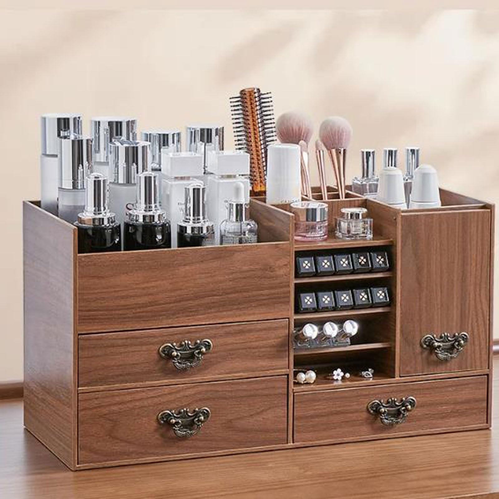 Generisch Schrank Schrank Make-up-Organizer Aufbewahrung großer Make-up-Organizer aus Holz mit 3 Make-up-Schubladen und Schrank im Inneren Spiegel 