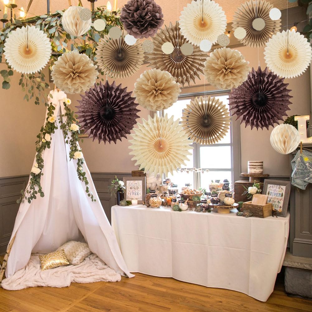 Brown Party Decorations Brown and Beige Paper Fans Party Decorations Neutral Party Decorations Honeycomb Balls Beige Rustic Birthday Wedding Boho Baby Shower Brown Engagement Decor