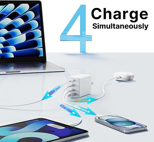 Miniatura 5 de Paquete de 2 bloques de cargador USB C de 180 W, cargador plegable de 4 puertos GaN súper rápido USB C, doble bloque de carga tipo C de 65 W,