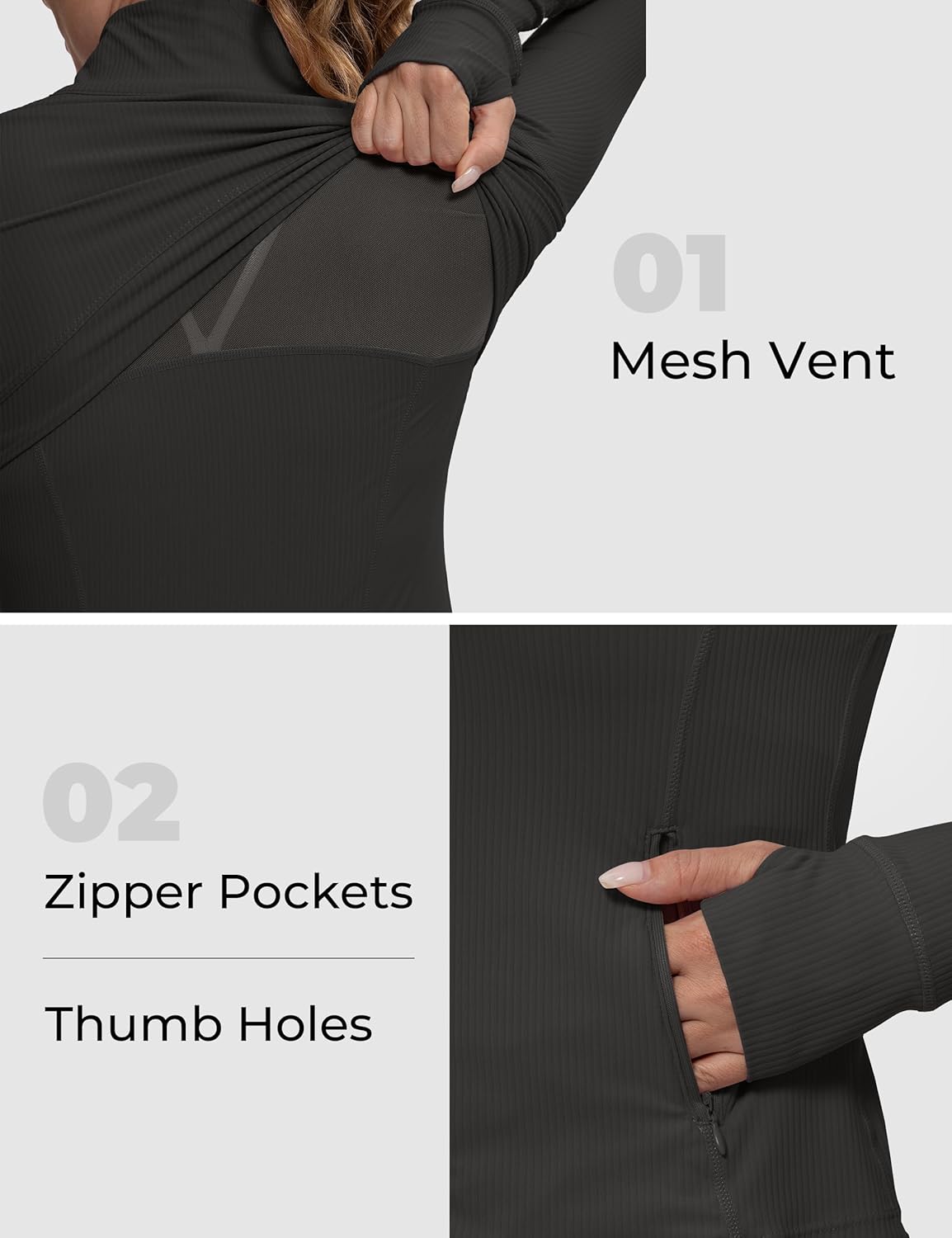 MathCat Ribbed Athletic Jacket for Women,Full Zip Workout Jacket Slim Fit Yoga Running Jacket with Pokets - Image 3