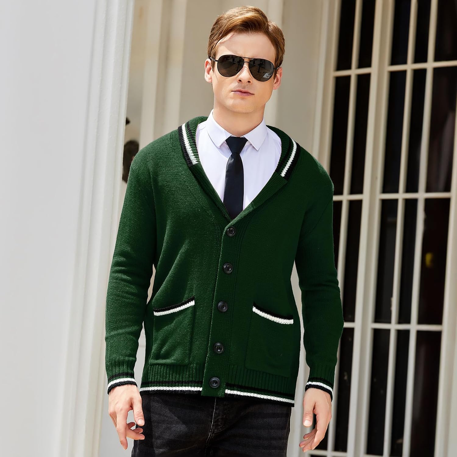 Men's Shawl Collar Cardigan Sweater Long Sleeve Casual V Neck Button Down Cable Knitted Sweater with Pockets