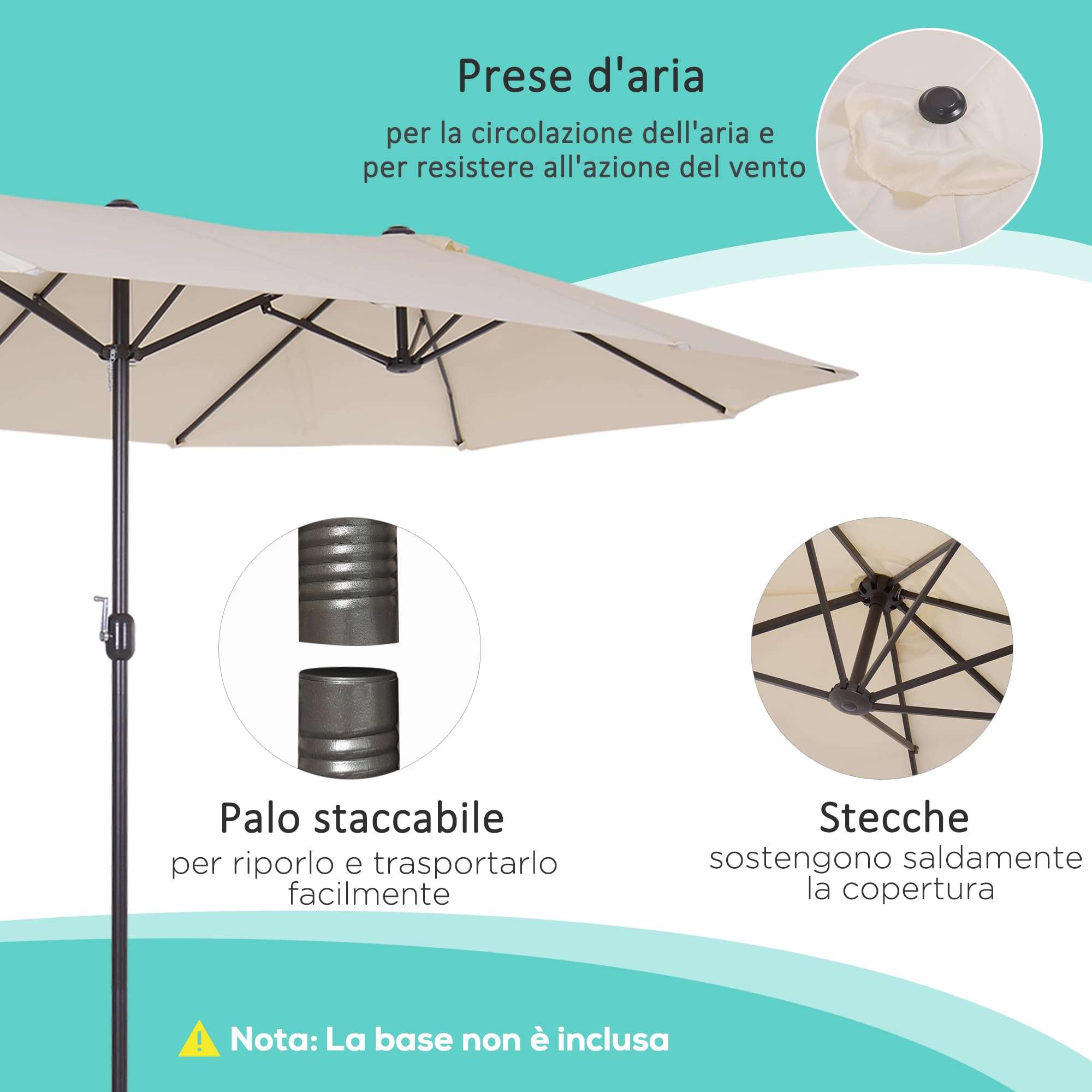 Outsunny Ombrellone da Giardino Doppio da Giardino 4.6x2.7 m a 12 Stecche con Prese d'Aria e Manovella, Ombrellone per Esterno in Acciaio e Poliestere, Anti UV, per Balcone e Terrazza