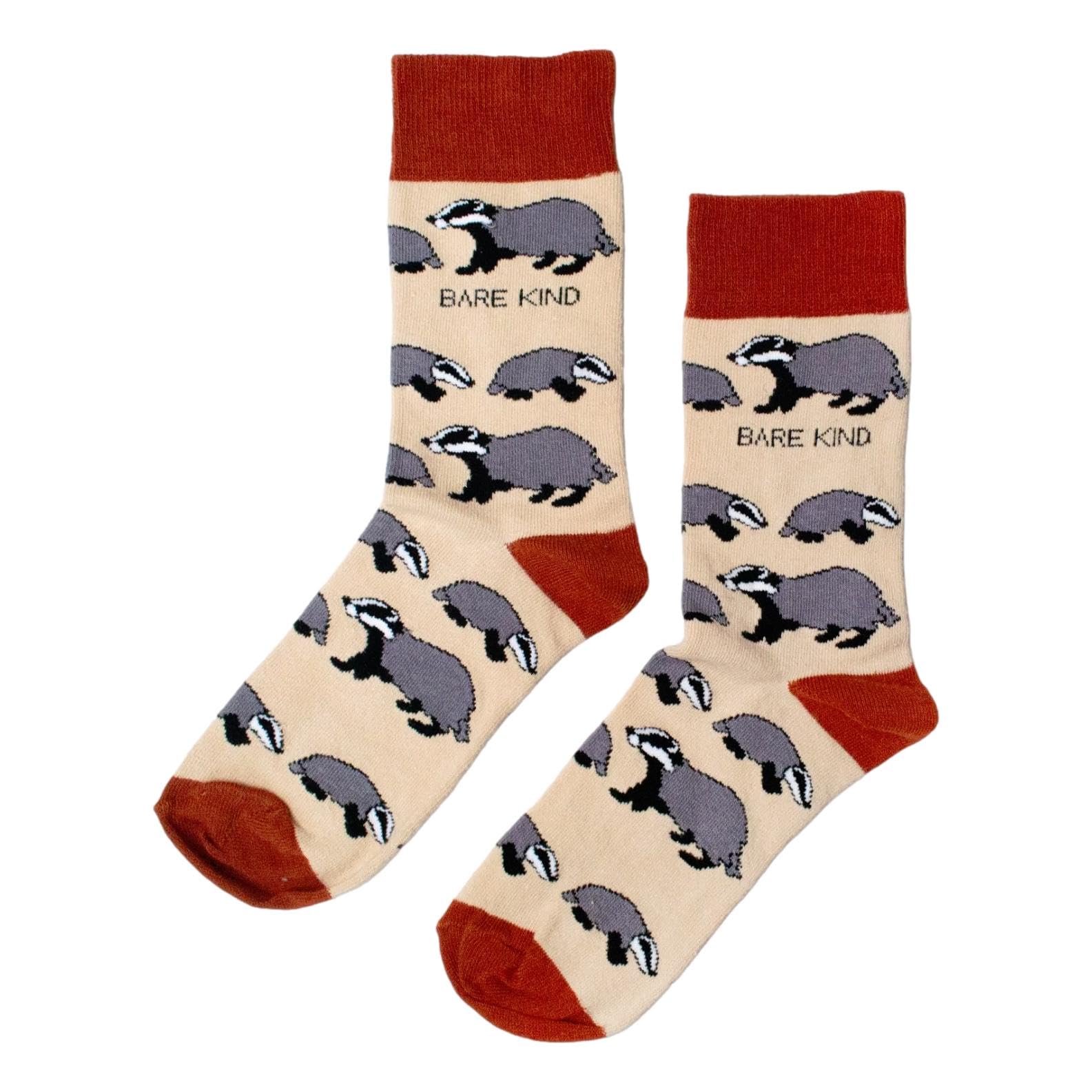 Bare Kind Save The Badgers Beige Mens Novelty Ankle Socks Adult UK Size 7-11