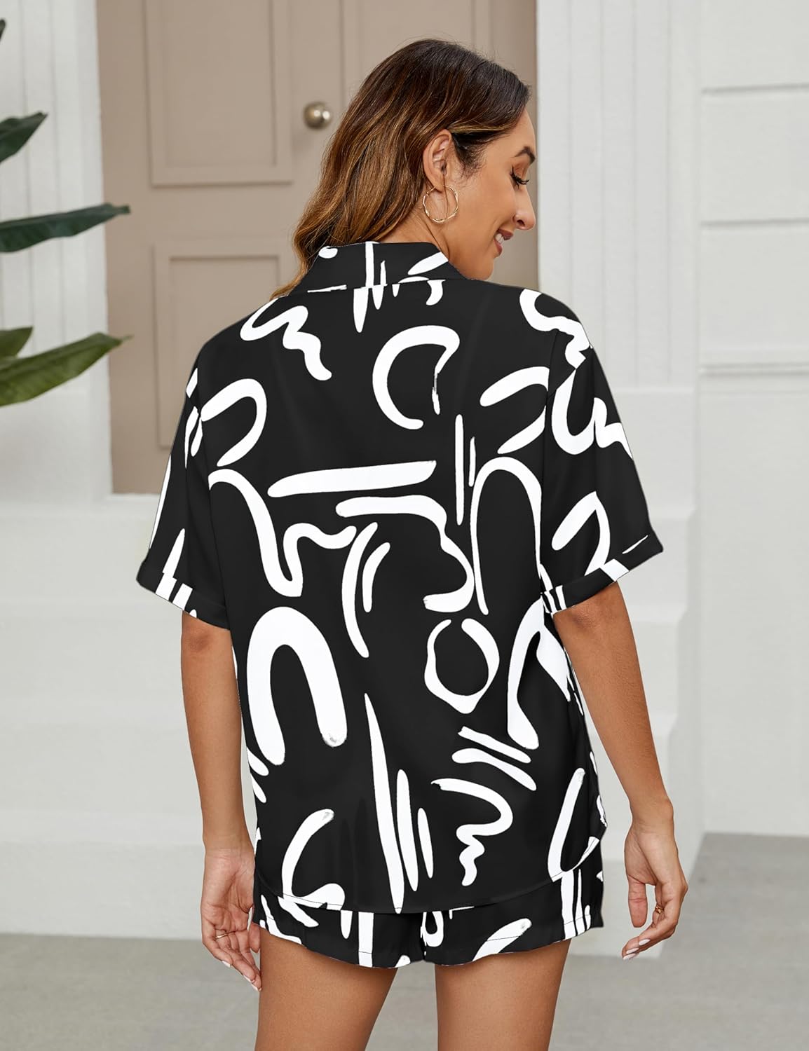 LTSCNRM Women's 2 Piece Outfit Sets Summer Beach Casual Printed Shirts and Shorts Lounge Sets - Image 4