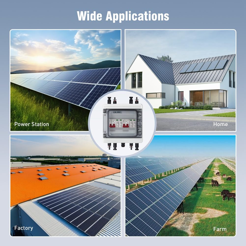 Solar Combiner Box Mehrschichtiger Schutz, DC40A PV 2 Eingänge 2 Ausgänge Trennschalter, IP65 Wasserdicht