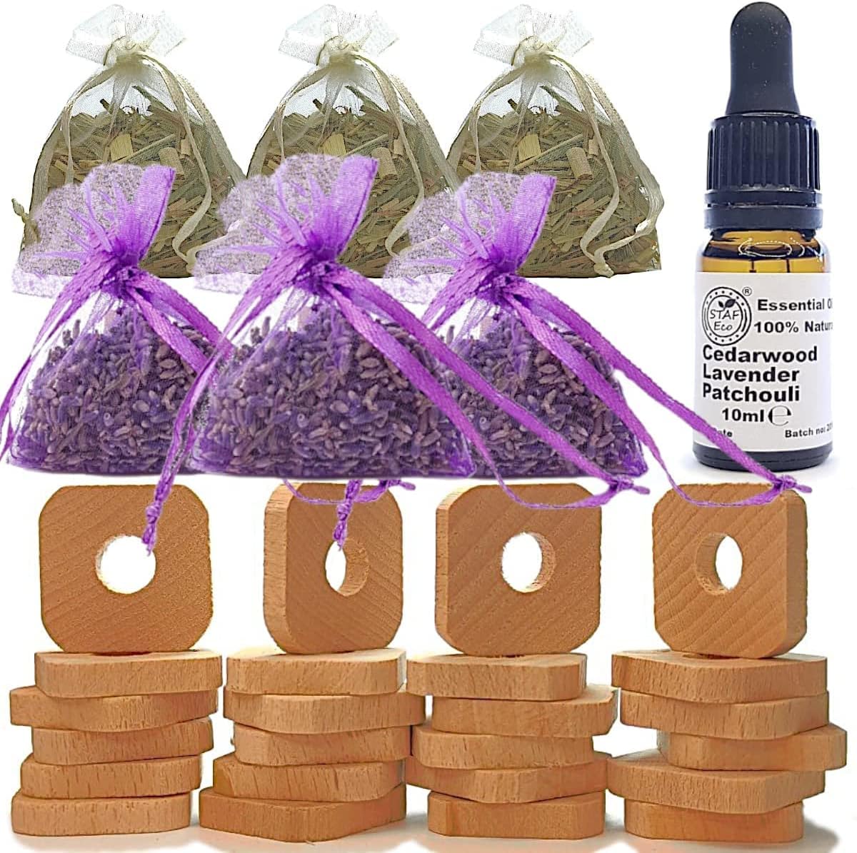 STAFECO® Moth Repellent for Wardrobes Drawers Anti Moths Natural Wood Rings with Oil (Lavender Cedarwood Patchouli) Lavender Lemongrass bags(Medium A)