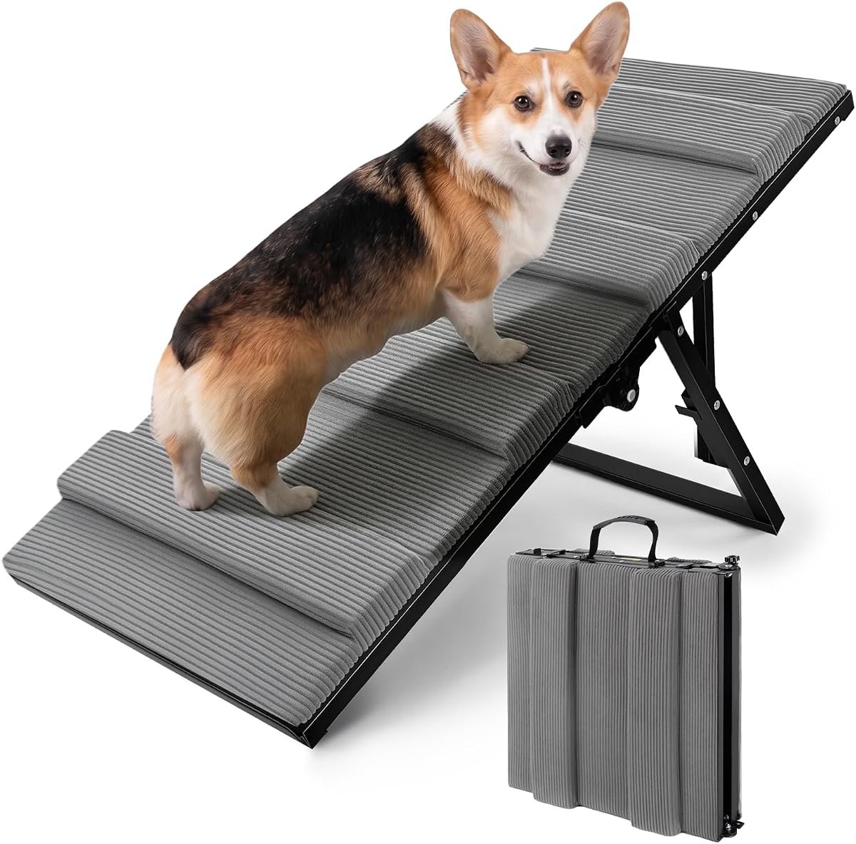 Dog Ramp for Bed & Couch, Foldable Pet Ramp with 5 Adjustable Height Levels, Non-Slip Striped Fabric,Portable Indoor Dog Ramp for Small Dogs & Puppies, Fits 13"-18" Furniture
