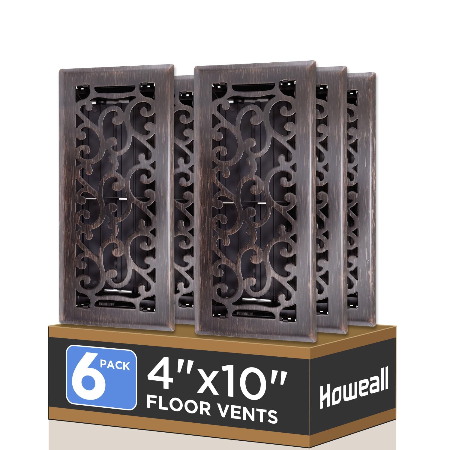 4x10 Inches 6 Pack Heavy Duty Walkable Floor Register - Easy Adjust Air Supply Lever Decorative Floor Vent Covers, Savannah Design Vent Covers for Home - Oil Rubbed Bronze