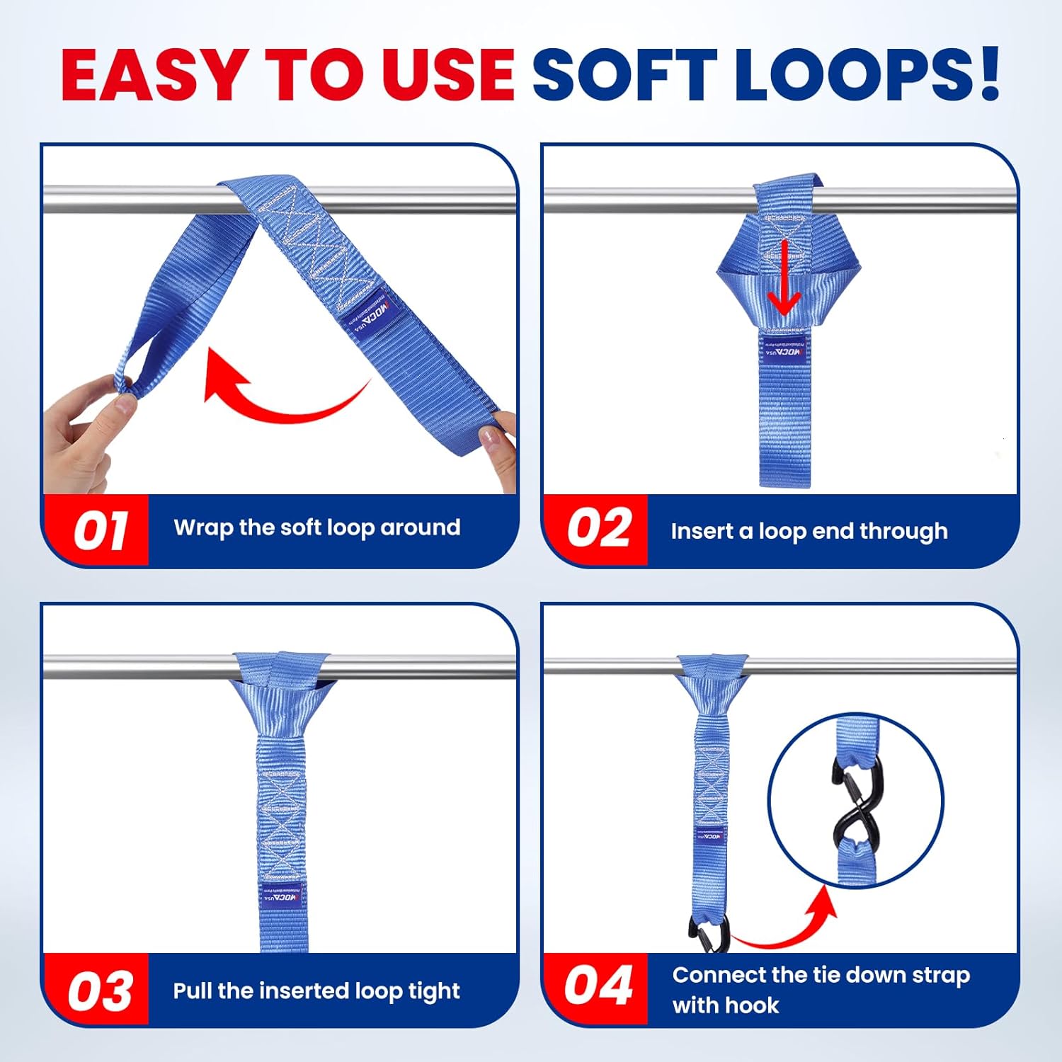 MOCA Blue Heavy Duty Ratchet Tie Down Straps - 5,200 Lbs Breaking Strength 1.6" x 8', Includes 4 Heavy Duty Ratchet Padded Handles & Coated Chromoly S Hooks & 4 Soft Loop Tie-Downs - Image 9