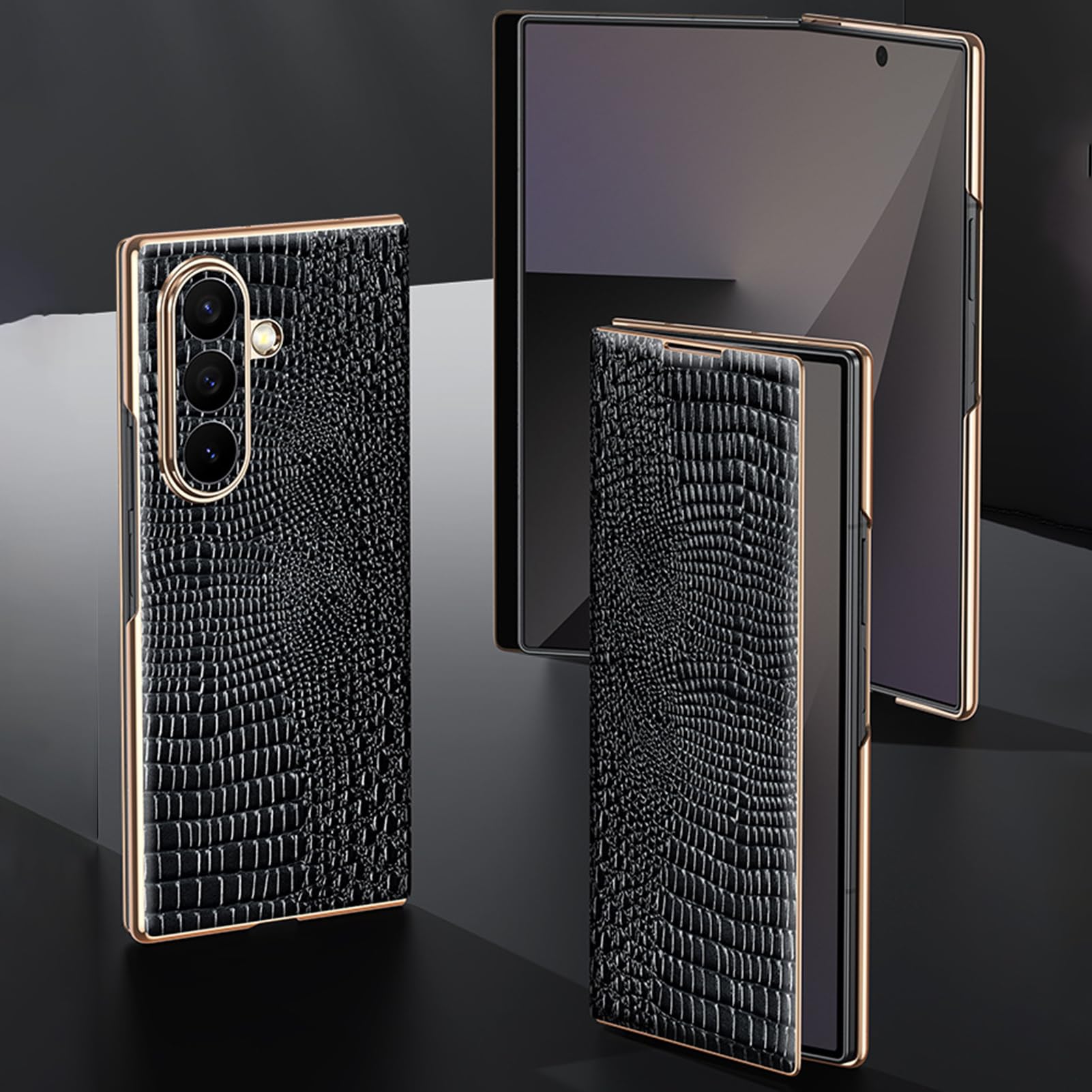 Funda Enchapada For Samsung Galaxy Z Fold 8 Ultra, Cuero Genuino Textura De Cocodrilo Cubierta De Borde Dorado Protección De La Cámara Forro De Fibra con Tapa Carcasa Antirrayas(Black)