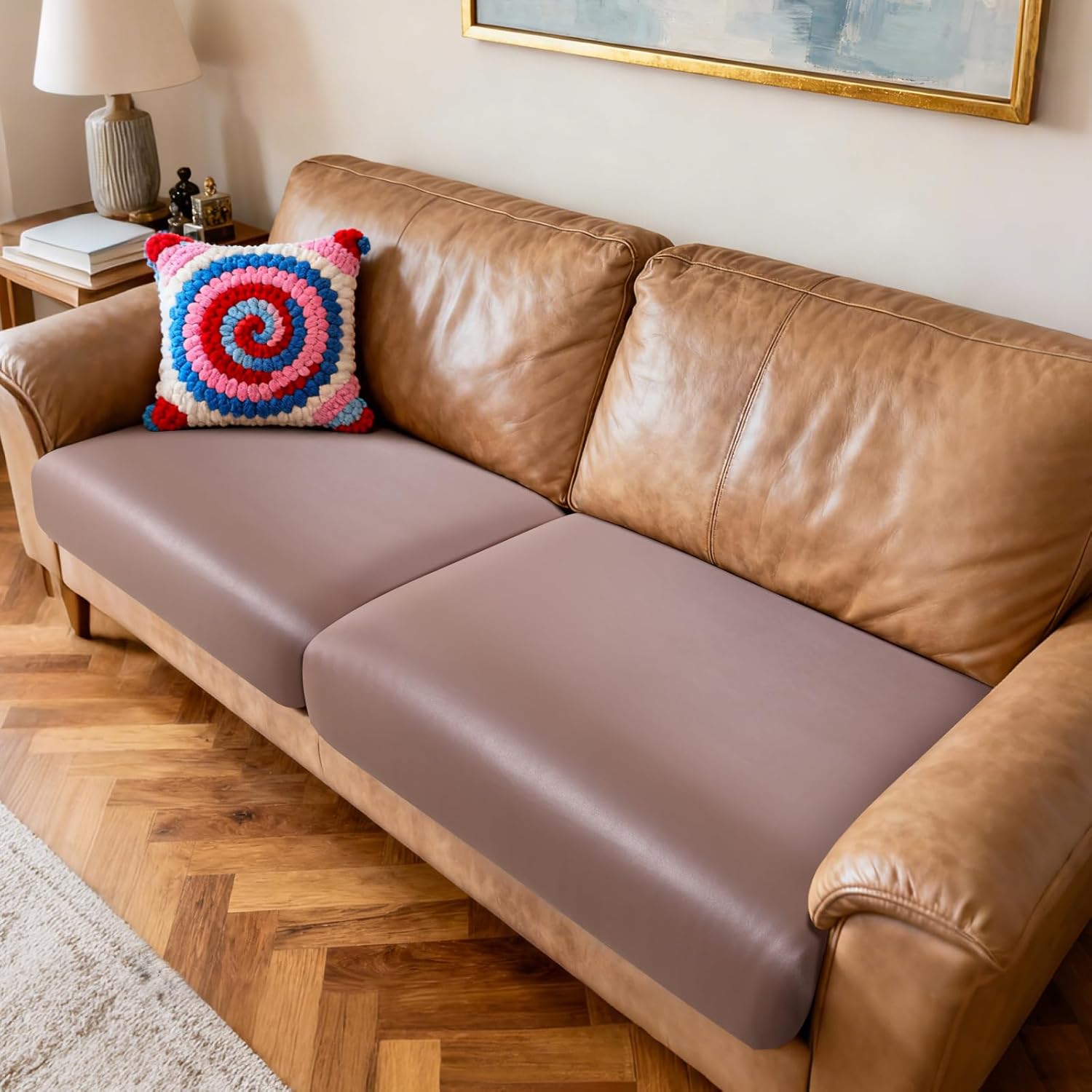 Fuloon Faux Leather Couch Cushion Slipcover, Waterproof Stretch Covers for Sofa, RV Chair Seat Cover, Individual Loveseat Couch Cushion Replacement, PU Leather Sofa Slipcovers(3 Pack, Dark Tan)