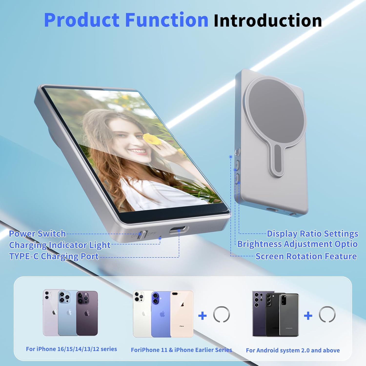 FMC Selfie Monitor Screen Phone Vlog Support 4K 30fps Wireless Connection Magnetic Selfie Screen Mirroring Using Back Camera for Vlog Live Stream TikTok Compatible with iPhone & Android (Gray)
