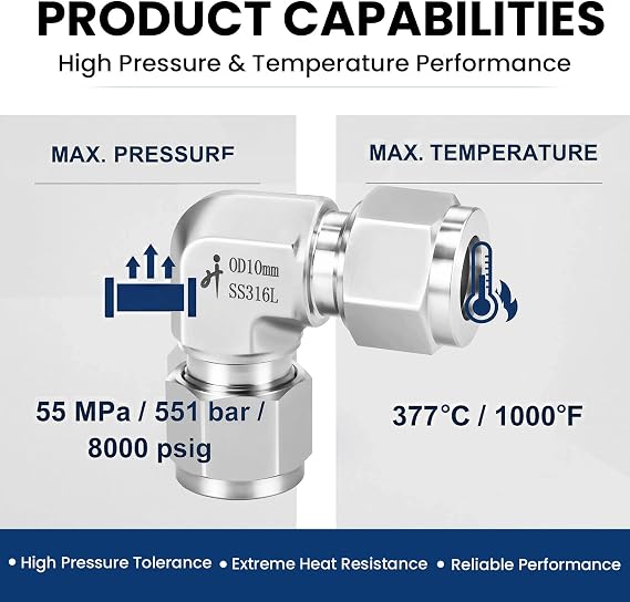 316 Stainless Steel Compression Tube Fitting 90 Degree Elbow Union 6mm OD x 6mm OD Connector with Double Ferrules for Oil, Chemical, and Natural Gas Connections