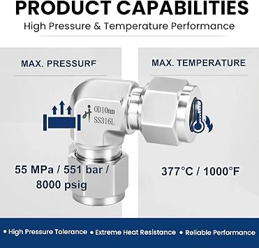 316 Stainless Steel Compression Tube Fitting 90 Degree Elbow Union 6mm OD x 6mm OD Connector with Double Ferrules for Oil, Chemical, and Natural Gas Connections