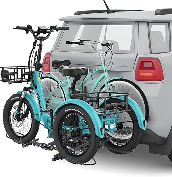 H&ZT Fat Tire Trike Hitch Rack for SUV Truck RV, Foldable Adult Tricycle Platform Carrier Fits 2" Receiver, 270 lbs Heavy Duty 3-Wheel Bike Tow Mount Rack for Max 5" Wide Tires