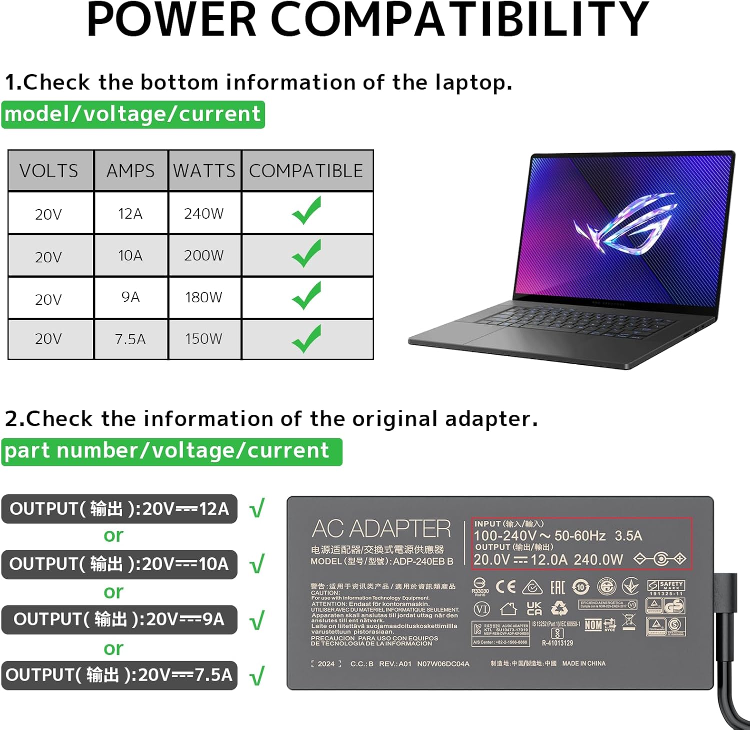 240W 20V 12A AC Adapter Power Supply Fit for ASUS ROG Strix Scar 15 17 GX550LXS TUF Gaming F15 F16 F17 A15 A17 Zephyrus S15 S17 G15 G17 G513 G733QM G733QR G733QS G733QSA ADP-240EB B Laptop Charger