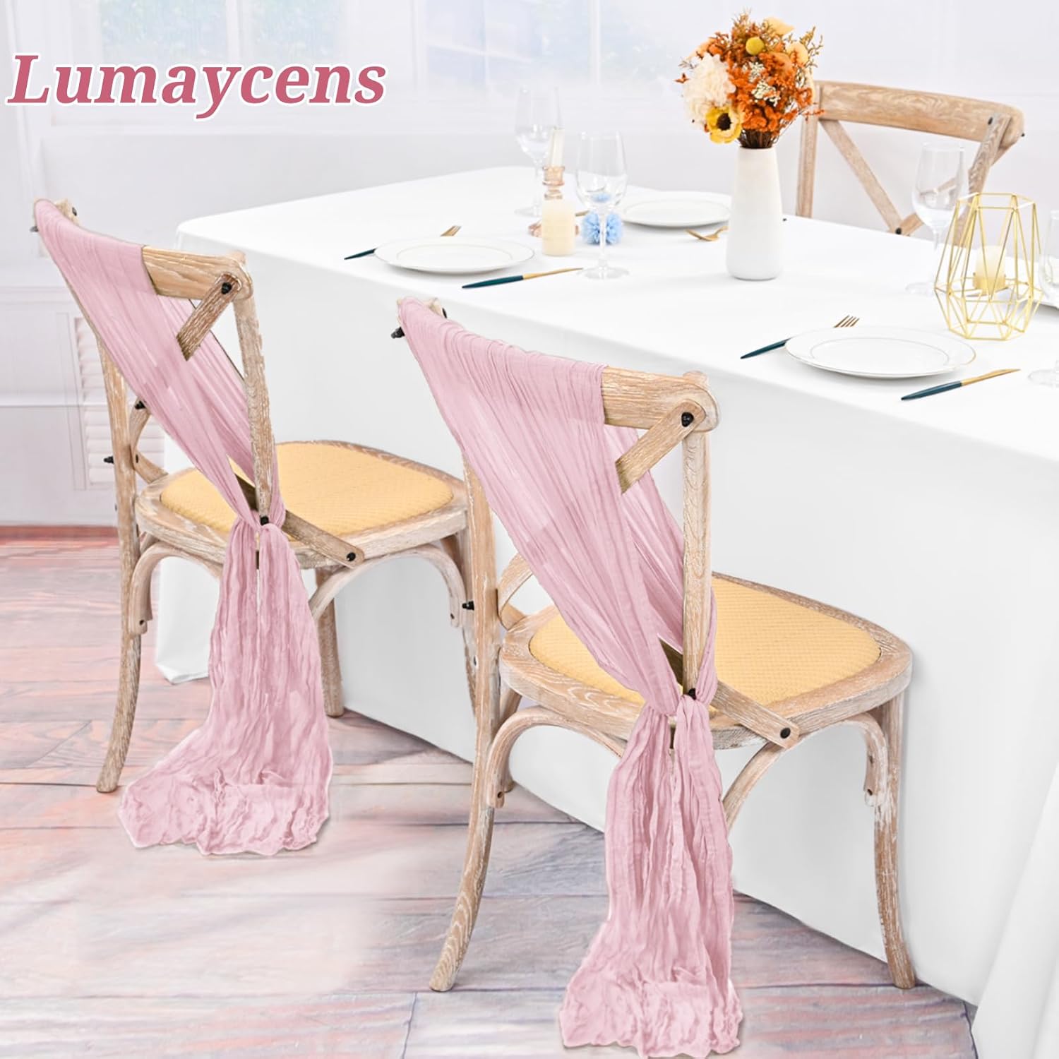 50 PCS Cheesecloth Chair Sashes Bows Wedding Aisle Decorations Chair Ribbon Ties Back Sash for Wedding Party Events Banquet Chair Cover Decoration (Light Pink)