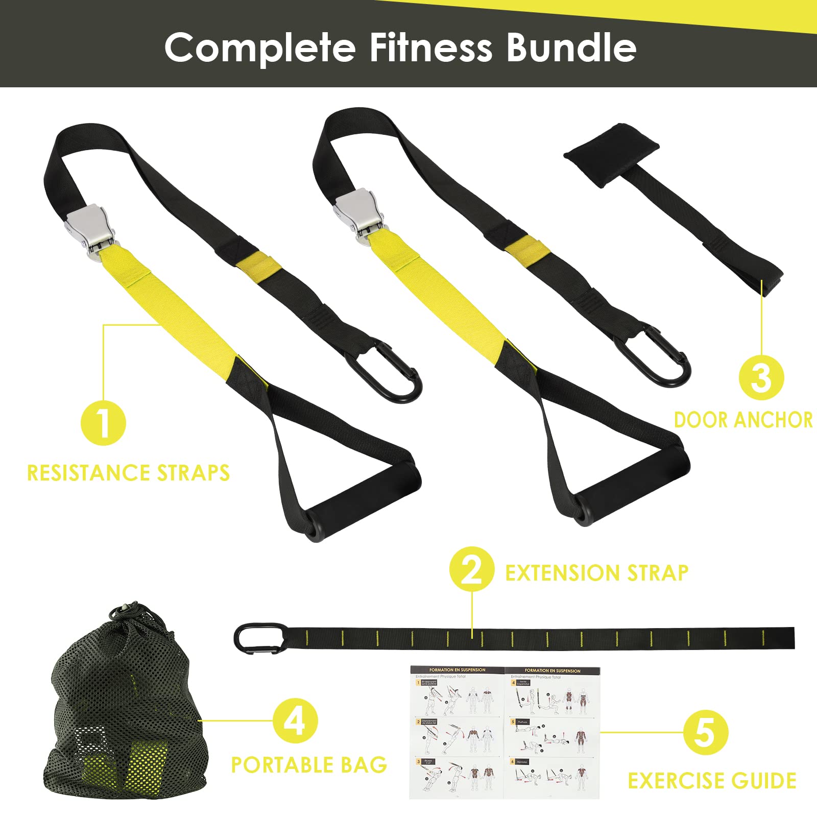 Kit de sangles de suspension pour entraînement fitness - Bandes de résistance au poids du corps avec poignées pour gym fonctionnel à domicile, équipement d'entraînement complet du corps pour extérieur