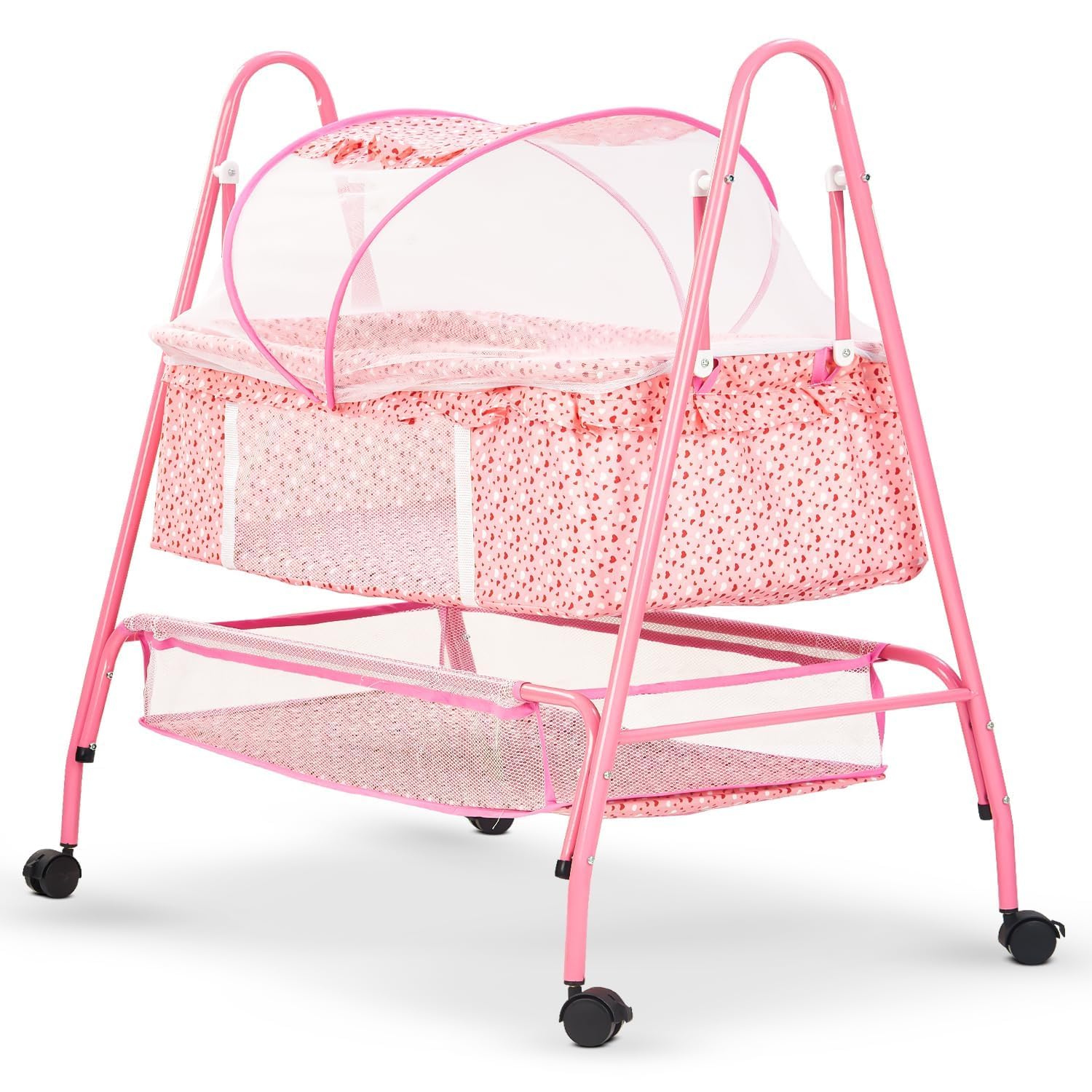 BAYBEE Clora Baby Swing Cradle with Mosquito Net | Jhula Palna for New Born Babies | Sleeping Lock Swing with 360° Rotating Wheels & Storage Basket | Cradle for New Born Baby Boys Girls