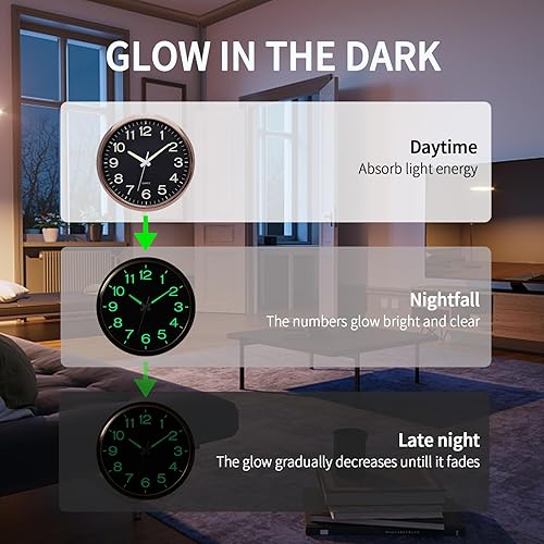 Miniatura 5 de Reloj de pared que brilla en la oscuridad, reloj de pared con luz nocturna de 12 pulgadas, silencioso, sin tictac, funciona con pilas, para sala de