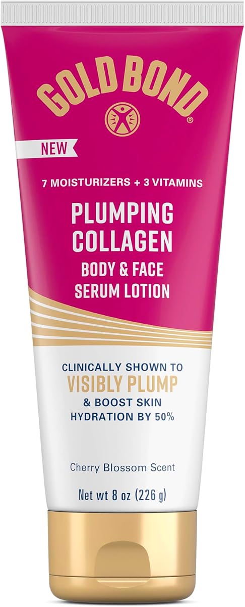 Loción de suero facial y corporal de colágeno Gold Bond, humectante hidratante | Loción perfumada con complejo de péptidos de colágeno, aceites de jojoba y semilla de uva para una piel visiblemente tersa, aroma a flor de cerezo, 8 oz