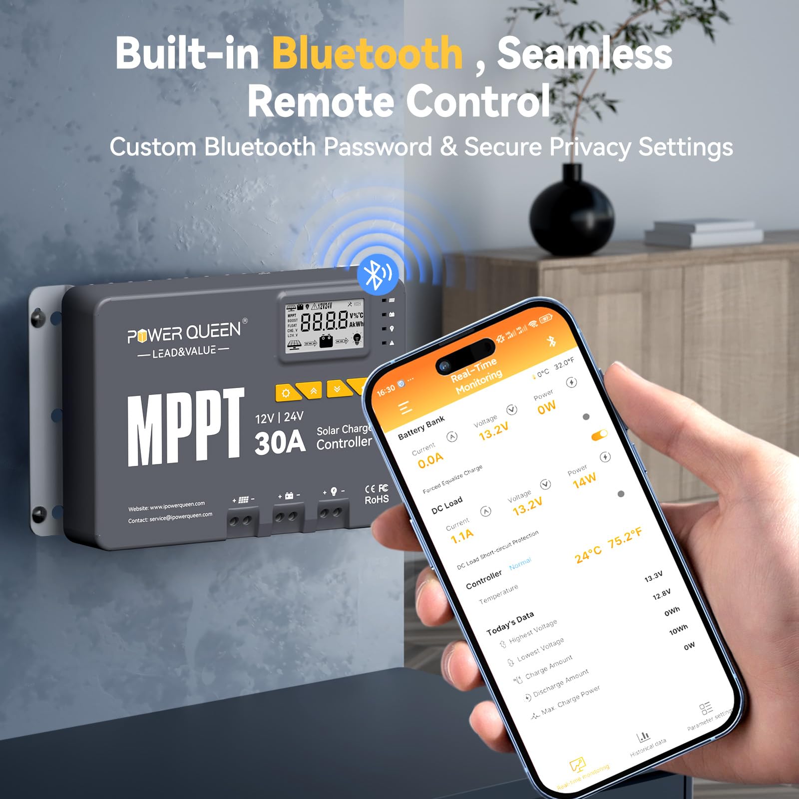Power Queen 12/24 V 30A MPPT Regolatore di carica solare, potenza di ingresso max. 900 W, modulo Bluetooth integrato, display LCD, standard per batteria LiFePO4 e compatibile con batterie sigillate al