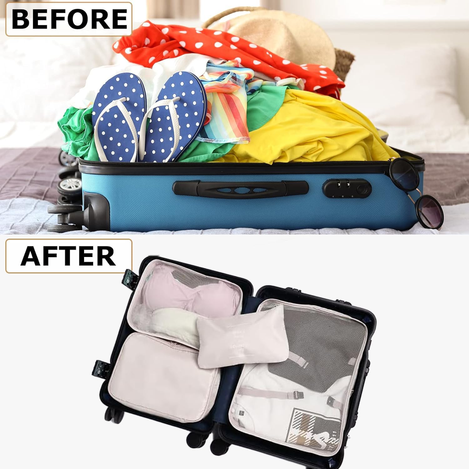 LANSKLBD 6/8 Set Packing Cubes for Suitcases Travel Luggage Packing Organizers,Travel Accessories Essentials Luggage Organizer with Shoe/Tioletry/Laundry Bag (Beige, 6 set) view 5