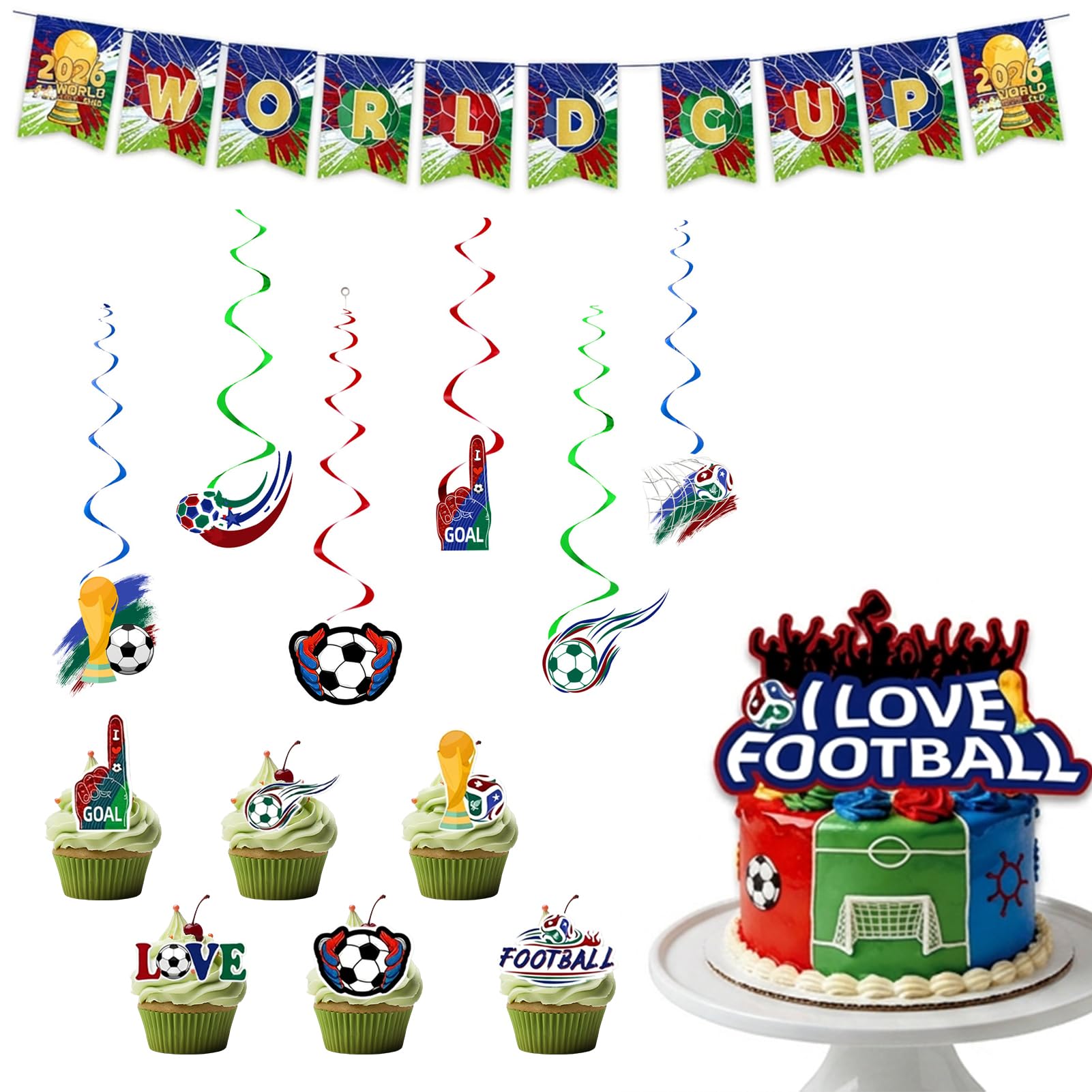 World Cup Football Birthday Decorations 2026, Hanging Swirls Bunting Banner for Boys Sports Theme Party, Soccer Ceiling Streamers for Home Window Indoor Decor