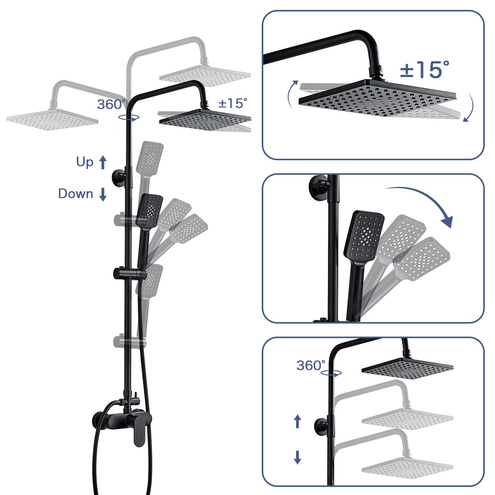 Namuoto Columna Ducha Negro, Sistema de Ducha con Ducha Fija y Teleducha, Barra Altura Ajustable, Duchas de Baño Columna para Baño Set Ducha Monomando
