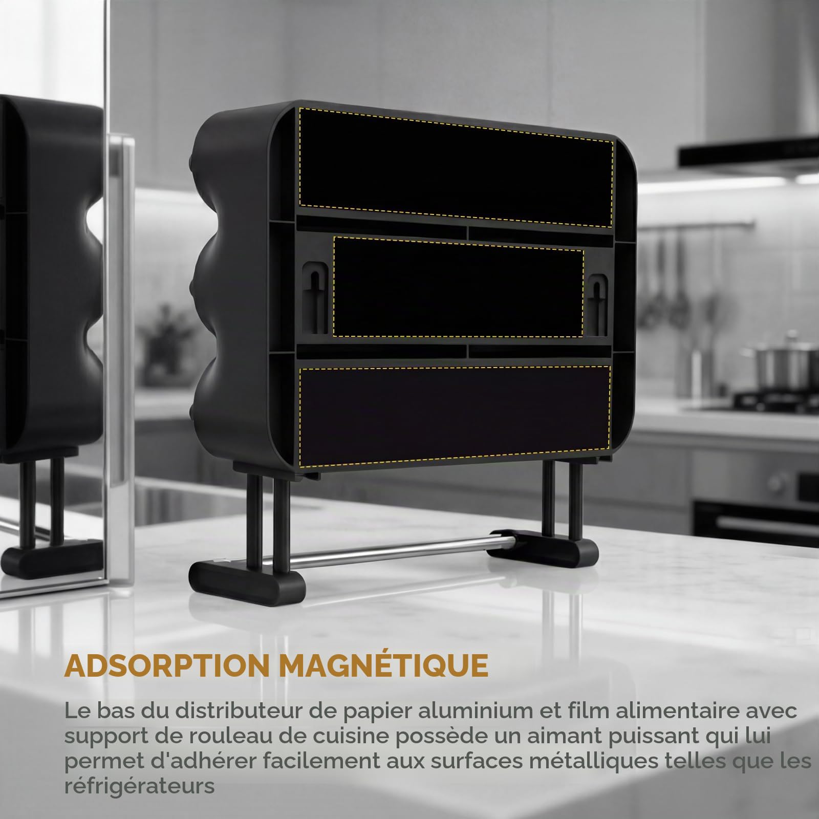 4 en 1 Derouleur Film Alimentaire，Distributeur Film Alimentaire，Distributeur Papier Aluminium et Film-Magnétique et Murale sans Percer (Noir Pur)