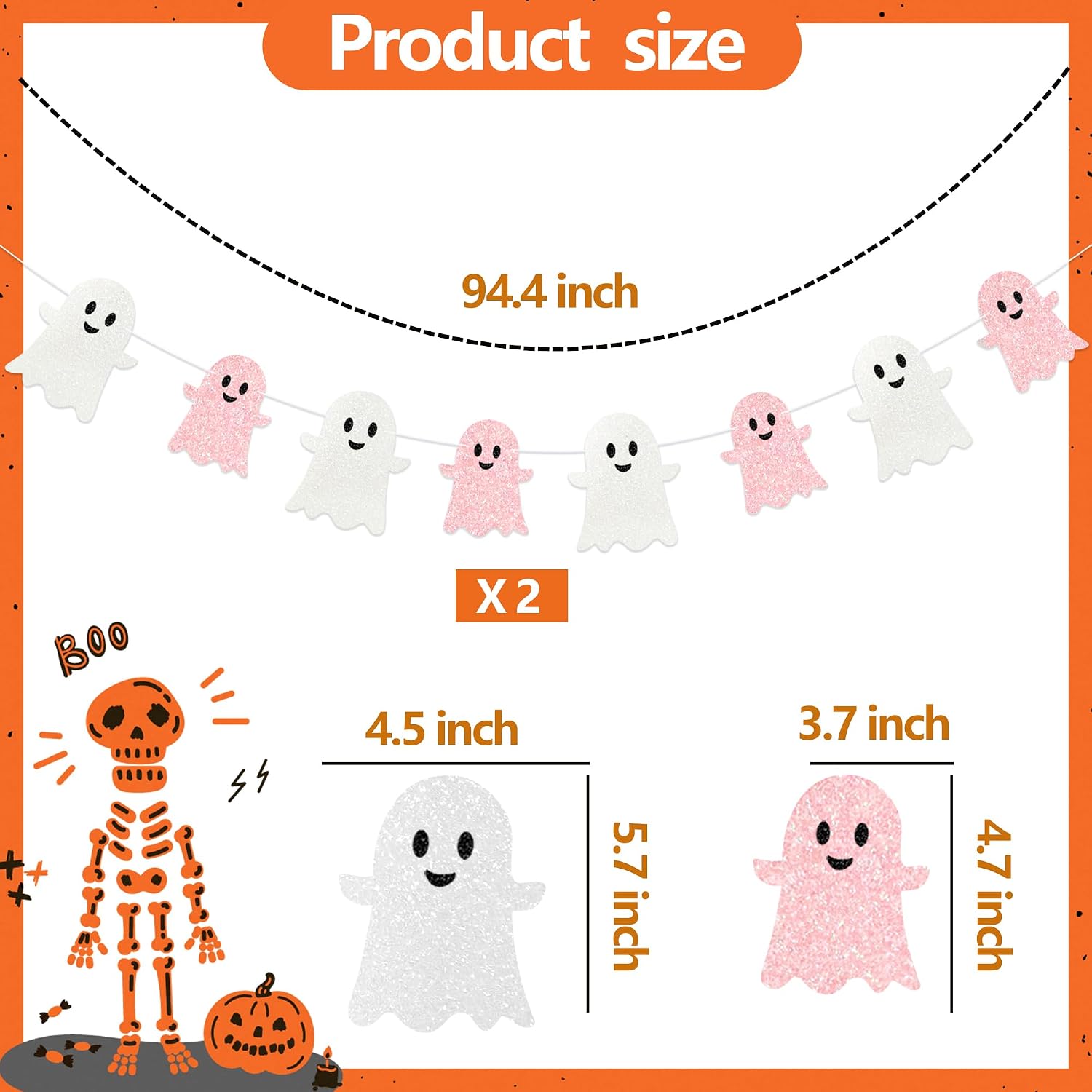 2Pack Pink Halloween Decorations,Pre-Strung Pink Glitter Halloween Ghost Banner Garland for Birthday Mantle,Haunted House,Fireplace,Wall,Party Decor