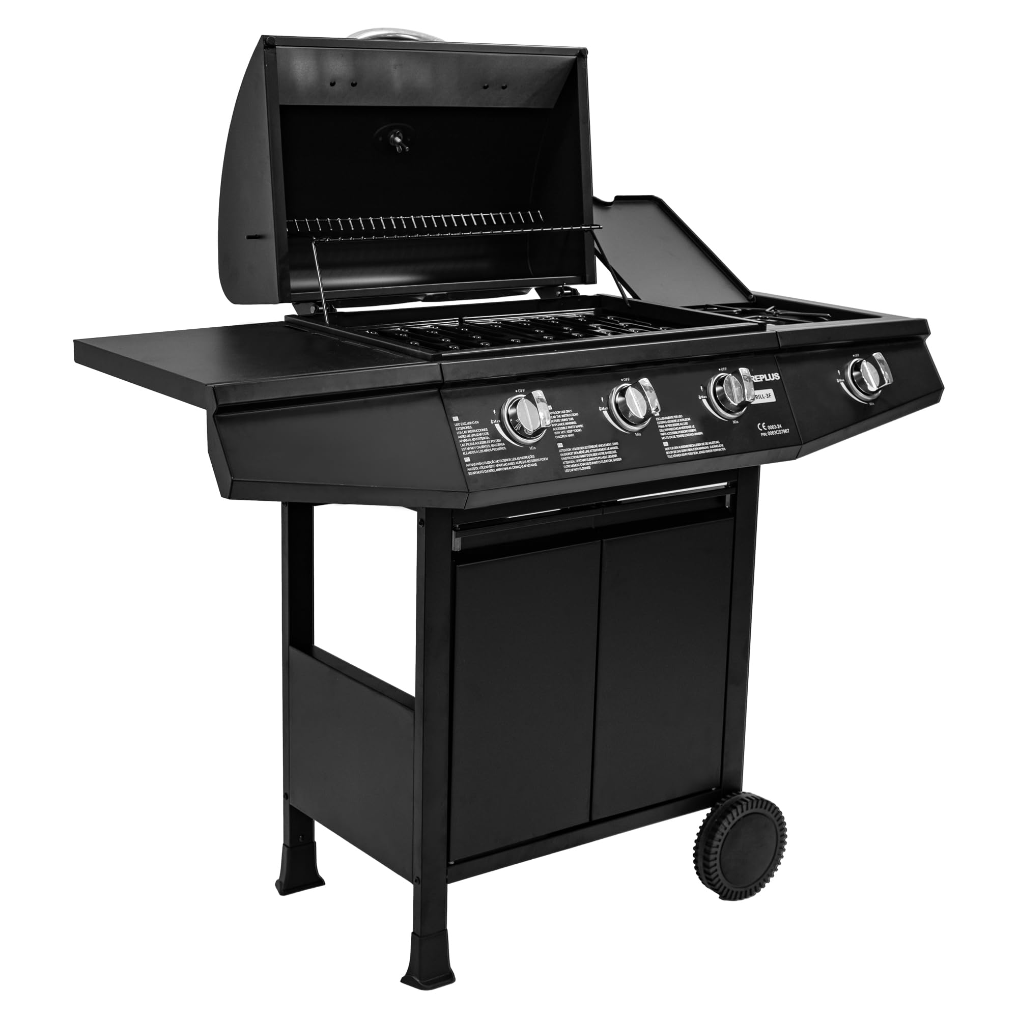 Amig - Barbacoa de gas Fireplus 3+1 de 8,4 kW - Acero inoxidable Negro - Parrilla con ruedas Modelo GRILL-3F - Barbacoa XXL con carro y termómetro - 117x52x103 cm - 4 quemadores y Bandeja lateral