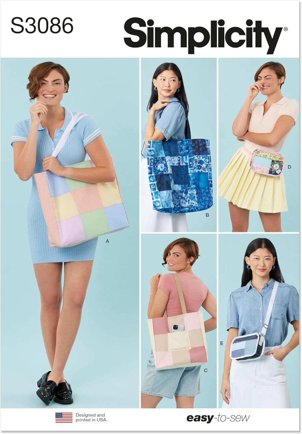Simplicity SS3086OS Easy to Make Lined Patchwork Bags Sewing Pattern Packet, Design Code S3086, One Size