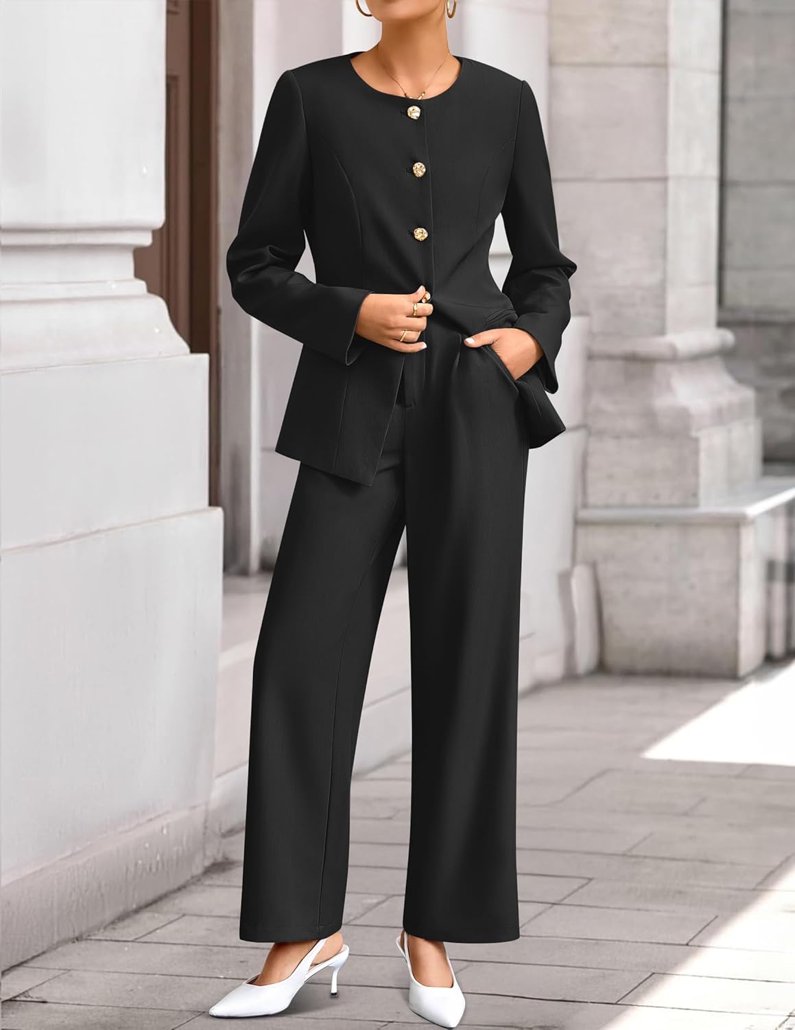 ZESICA Women's 2026 Spring Two Piece Suits Set Casual Business Long Sleeve Blazer Jacket Wide Leg Pants Work Outfits Sets - Image 5
