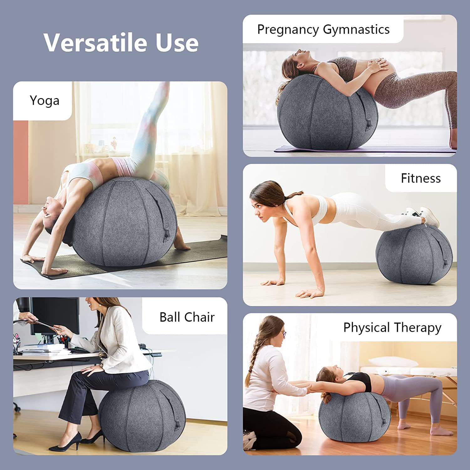 DIXII Core Balance Gymnastikball, 65 cm Großer Übungs-Yogaball Mit Filzbezug, Pumpe Und 2 Widerstandsbändern, Anti-Burst-Ballstuhl Für Fitness